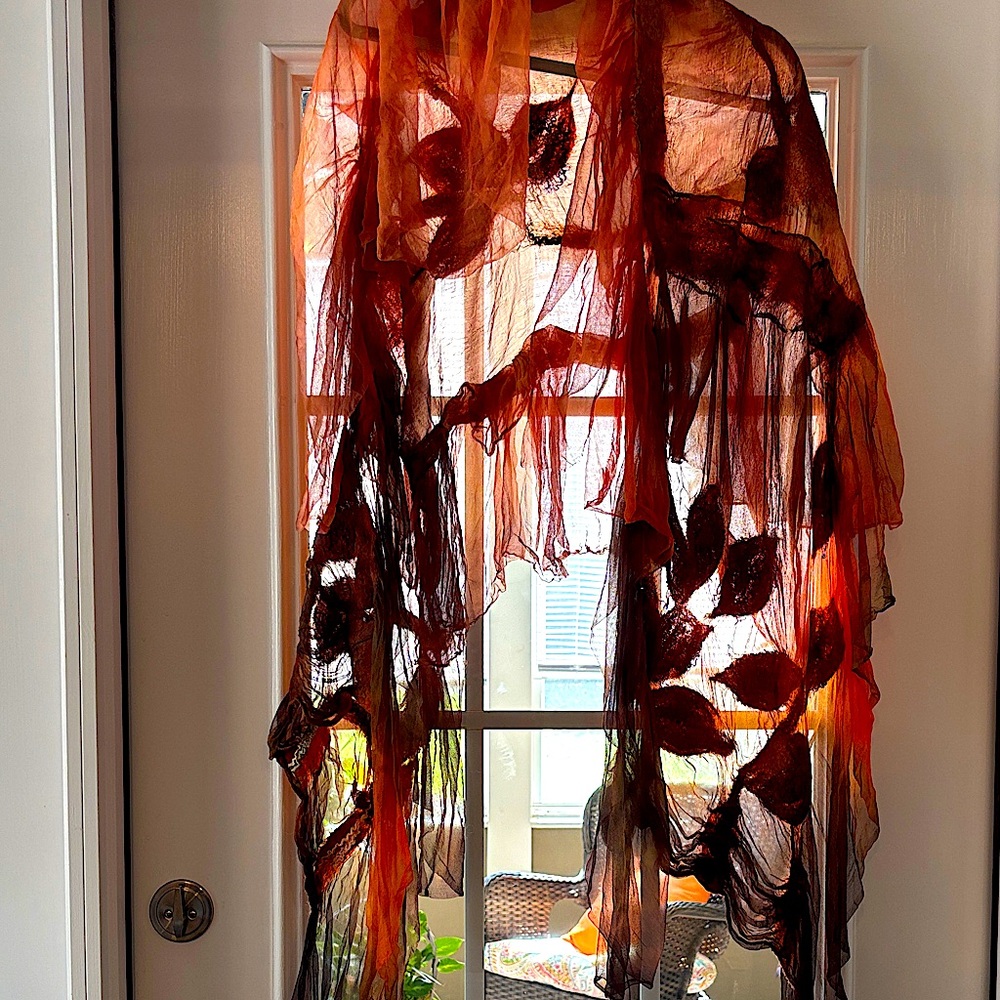 Sheer Orange and Black Leaf Pattern Scarf